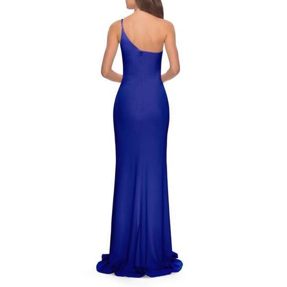 LA FEMME 28176 Women's Jersey Gown Size 8 Royal Blue Maxi Dress One-Shoulder - Picture 2 of 16